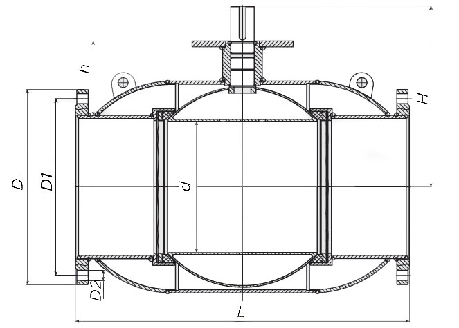 Эскиз размеров крана шарового Also КШ.Ф.Р.100.25-01 Ду100 Ру25 стандартнопроходной, фланцевый