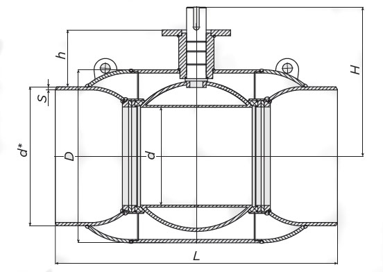Эскиз размеров крана шарового Also КШ.П.Р.100.25-01 Ду100 Ру25 стандартнопроходной, под приварку