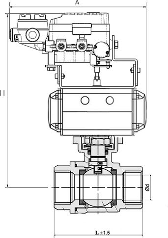 Кран шаровый DN.RU КШМП.316.230-ISO Ду100 Ру63 SS316 нержавеющий, полнопроходной, муфтовый, с пневмоприводом DN.RU-DA-105 двойного действия, с электропневматическим поворотным позиционером DN.ru YT-1000RSN без обратной связи