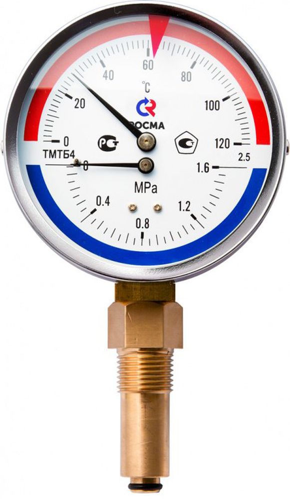 Термоманометр Росма ТМТБ-41Р.2 (0-120С) (0-1MПa) G1/2 2,5, корпус 100мм, тип - ТМТБ-41Р.2, длина клапана 64мм,  до 120°С, радиальное присоединение, 0-1MПa, резьба G1/2, класс точности 2.5