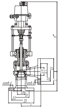 Чертеж Клапан запорно-регулирующий угловой КЗРУ 26ч945п Ду20 Ру16 с приводом ST