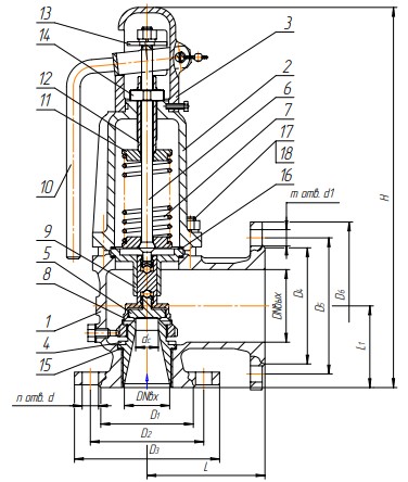Клапан предохранительный Арма-Пром 17с28нж Ду50x80 Ру16 полноподъемный пружинный угловой, корпус - сталь, тип присоединения - фланцевое, с настройкой диапазона давления 0.5-1.5 Мпа, Pcp = 0.5бар