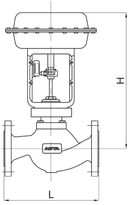 Клапан регулирующий АСТА Р123-CM-1 Ду50 Ру25, фланцевый неразгруженный, корпус – высокопрочный чугун, Тmax=220°C, с пневмоприводом ППМ350 (0.8-2.4) и ЭПП121 (4-20 мА)