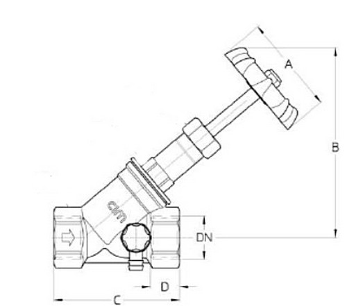 Клапан запорный Cimberio 74CRNL 1 1/4″ Ду32 Ру20 внутренняя резьба, с наклонным штоком со сливным краном, корпус - латунь CR