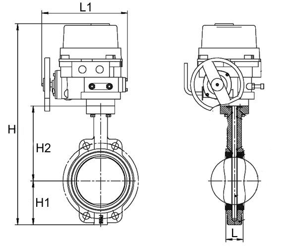 Затвор дисковый поворотный Dendor 017W Ду65 Ру16 межфланцевый, корпус - чугун, диск - нержавеющая сталь, уплотнение - EPDM,с электроприводом неполнооборотным QT 220В