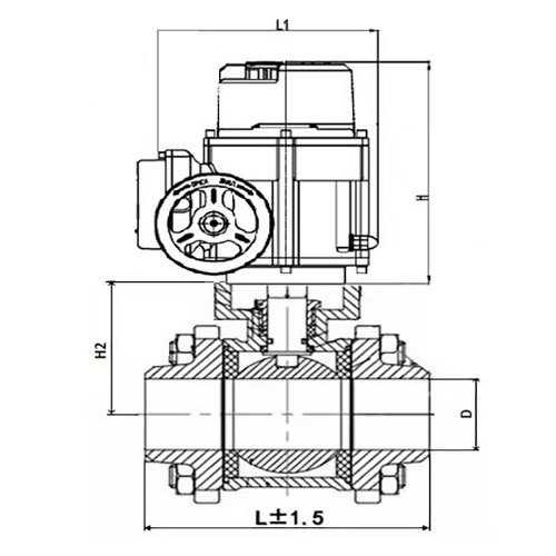 Кран шаровой DN.ru КШПП 316.200-ISO Ду25 Ру63 SS316 полнопроходной под приварку, корпус - нержавеющая сталь с 1/4-оборотным электроприводом DN.ru QT-W (M) EX-005 220В