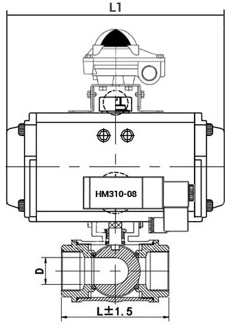 Кран шаровой нержавеющий 3-ходовой L-тип стандартнопроходной DN.ru RP.SS316.200.MM.020-ISO Ду20 Ру63 SS316 муфтовый, пневмоприводом SA-052, пневмораспределителем 4M310-08 24В и блоком концевых выключателей APL-210N