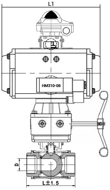 Кран шаровой нержавеющий 3-ходовой T-тип стандартнопроходной DN.ru RP.SS316.200.MM.025-ISO Ду25 Ру63 SS316 муфтовый, пневмоприводом SA-065-10, пневмораспределителем 4M310-08 220В, БКВ APL-210N и ручным дублером HDM-1