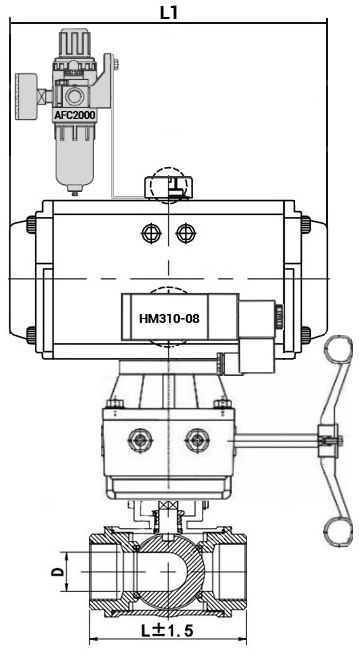 Кран шаровой нержавеющий 3-ходовой L-тип стандартнопроходной DN.ru RP.SS316.200.MM.050-ISO Ду50 Ру63 SS316 муфтовый с ISO фланцем, пневмоприводом DA-065, пневмораспределителем 4M310-08 220 В, ручным дублером HDM-1 и БПВ AFC2000