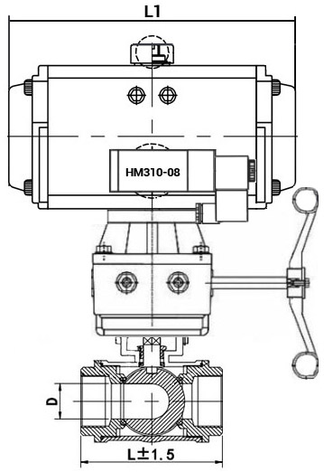 Кран шаровой нержавеющий 3-ходовой L-тип стандартнопроходной DN.ru RP.SS316.200.MM.080-ISO Ду80 Ру63 SS316 муфтовый, пневмоприводом SA-105, пневмораспределителем 4M310-08 220В и ручным дублером HDM-3