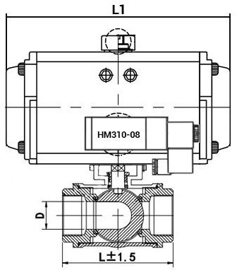 Кран шаровой нержавеющий 3-ходовой T-тип стандартнопроходной DN.ru RP.SS316.200.MM.010-ISO Ду10 Ру63 SS316 муфтовый c пневмоприводом DN.ru SA-052 c пневмораспределителем DN.ru 4M310-08 24В