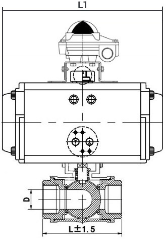Кран шаровой нержавеющий 3-ходовой L-тип стандартнопроходной DN.ru RP.SS316.200.MM.100-ISO Ду100 Ру63 SS316 муфтовый, пневмоприводом DA-083 и блоком концевых выключателей APL-410N EX