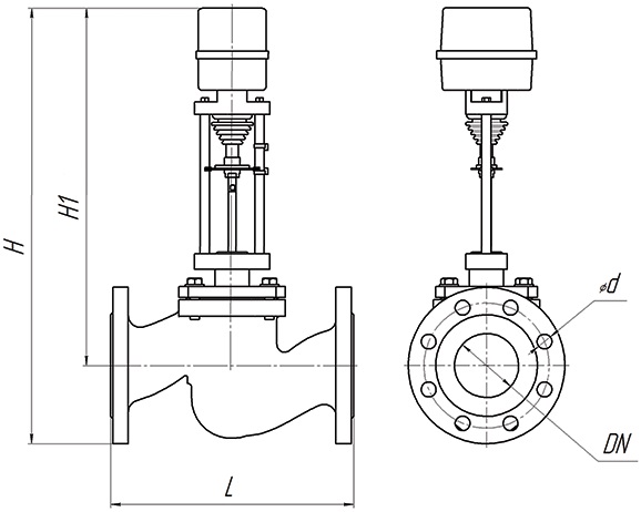 Клапан регулирующий двухходовой КПСР серии 100 Ду32 Ру16 Kvs6,3, серый чугун СЧ20, фланцевый, Tmax до 150°С с электроприводом Катрабел TW-500-XD220