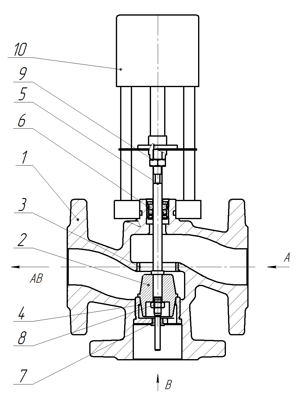 Клапан регулирующий трехходовой смесительный DN.ru 27ч908нж Ду20 Ру16 Kvs2,5 серый чугун СЧ20, фланцевый, Tmax до 150°С с электроприводом Катрабел TW-500-XD220