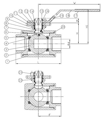 Эскиз Кран шаровой трехходовой Genebre 2040 02 1/4″ Ду8 Ру63, тип L, стандартнопроходной, резьбовой