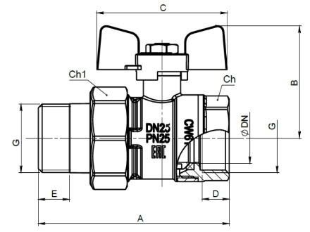 Кран шаровой BUGATTI Arizona 626 1/2” Ду15 Ру40 стандартнопроходной муфтовый для воды, латунный, внутренняя/наружная резьба, управление ручка-бабочка