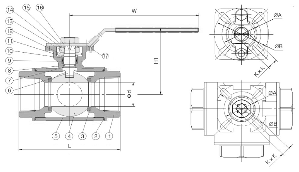 Кран шаровой NewKey NK-BTt/6 1/2″ Ду15 Ру64 T-тип, стандартнопроходной, трехходовой, внутренняя резьба, корпус – нержавеющая сталь AISI316 (CF8M)
