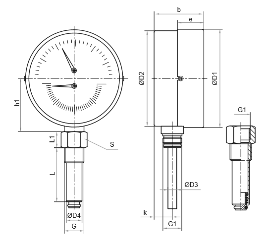 Термоманометр Росма ТМТБ-31Р.1 (0-120С) (0-2,5MПa) G1/2 2,5, корпус 80мм, тип - ТМТБ-31Р.1, длина клапана 46мм, до 120°С, радиальное присоединение, 0-2,5MПa, резьба  G1/2, класс точности 2.5