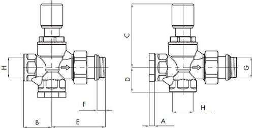 Клапаны перепускные Valtec VT.623.G 3/4″ Ду20 Py10 НР регулируемые, трехходовые, корпус - латунь